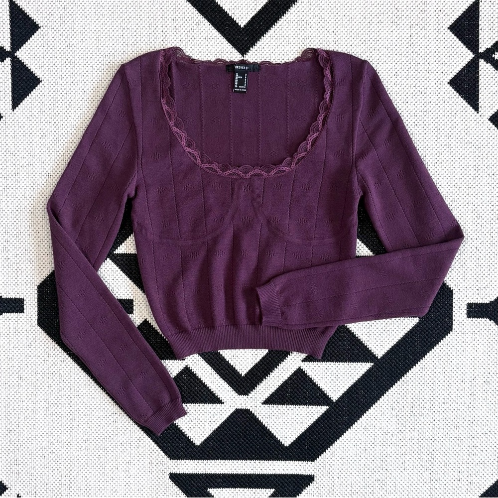 Forever 21 Lace Trim Pointelle Cropped Sweater in Dark Purple Small